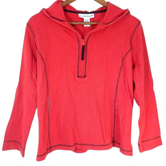 Sag Harbor Red 3/4 Zip Textured Contrast Stitch Pullover Hoodie Sz L - Picture 8 of 11